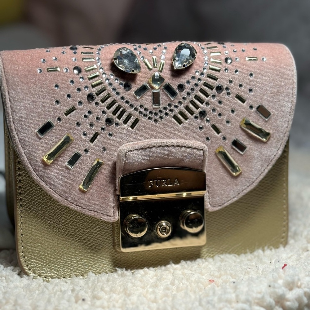 Furla Pink and Gold Wristlet with Ornate Flap